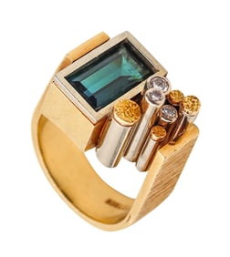 Karl Stittgen 1970 Canada Geometric Ring In 18Kt Gold With Diamonds And Tourmaline