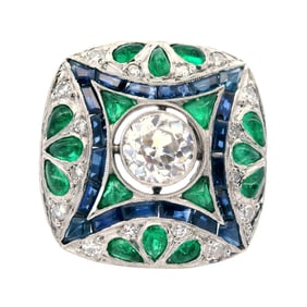 Art deco style Ring in Platinum with Diamonds, Emerlads and Sapphires