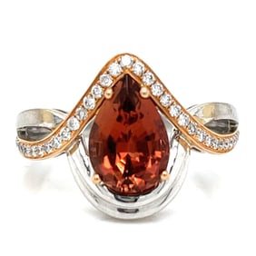 18K White & Yellow Gold GIA Certified  Pinkish Orange Tourmaline & Diamond Ring