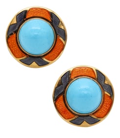 Leo De Vroomen London Enameled Earrings In 18Kt Yellow Gold And Turquoises