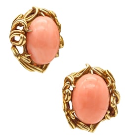 Italian 1960 Mid Century Clips Earrings In 18Kt Yellow Gold With Salmon Coral