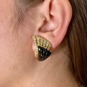 18K Yellow Gold Diamond & Onyx Earrings
