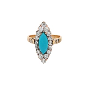 Victorian 1910 Navette Ring in 18kt yellow Gold with Turquoise and Diamonds
