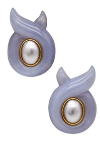 Verdura Milan Free Forms Clip Earrings In 18Kt Gold With Carved Blue Lace Agate