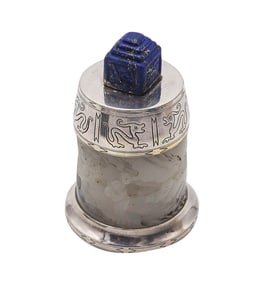 England 1929 Art Deco Chinoiserie Desk Lighter In Sterling Silver White Jade And Lapis