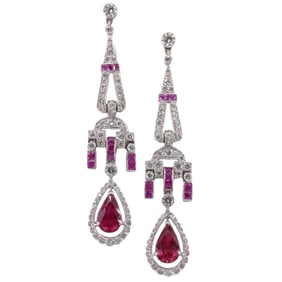 Art Deco revival Platinum Earrings with Tourmaline, Pink Sapphires & Diamonds