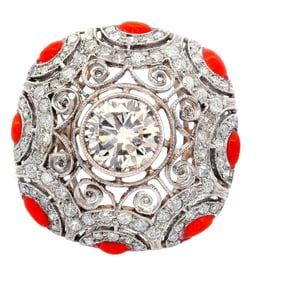 Art Deco style Platinum Ring with Diamonds and Corals