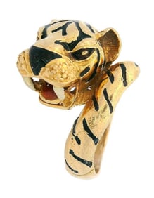 ITALY Enamel Panther Cocktail Ring in Solid 18Kt Yellow Gold