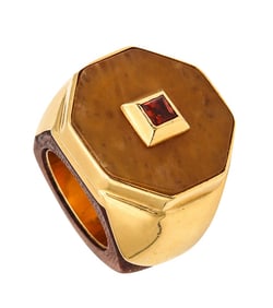 Modernist 1970 Cocktail Agate Ring In Wood And 18Kt Yellow Gold With Mandarin Citrine