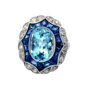 Art Deco style Platinum Ring with Aquamarine, Sapphires and Diamonds