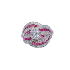 Art Deco style Target Platinum Ring with Diamonds and Rubies