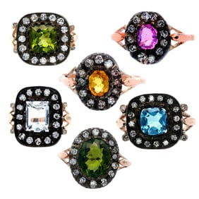 Pair of six 14kt Gold Ring with Diamonds and Semi precious stones