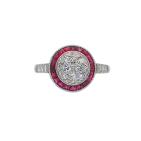 Art deo style Platinum Ring with Diamonds and Rubies