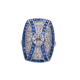 Art Deco style Platinum Ring with Sapphires and Diamonds