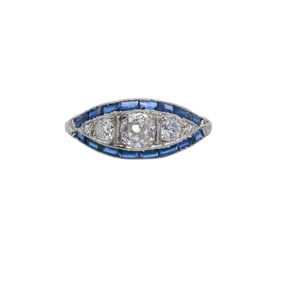 Art Deco Platinum Ring with Diamonds and Sapphires