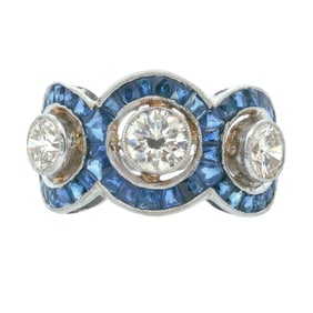 Art Deco style Platinum Ring with Diamonds and Sapphires
