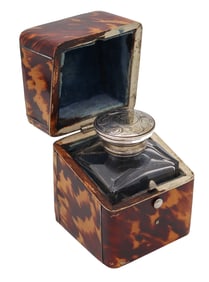 Victorian Edwardian 1900 Desk Inkwell Box In Faux Tortoise Shell And Sterling