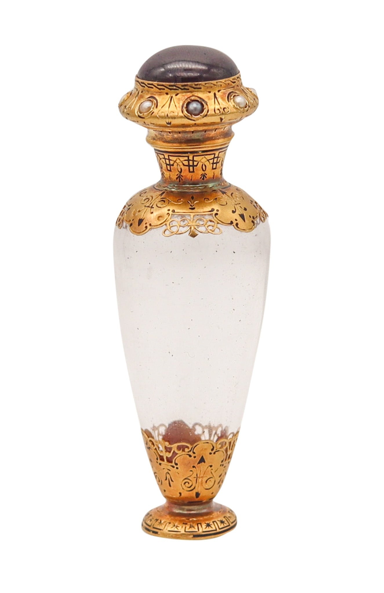 French 1870 Napoleon III Perfume Bottle Mount In 18Kt Yellow Gold And Gemstones: Gorgeous antique scent perfume bottle, created in Paris France during the imperial period of Napoleon III, back in the 1860. This exceptional bottle, flask, flacon was carefully made in clear glass an