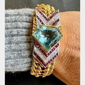 1960’s 18K Yellow Gold Aquamarine, Ruby, and Diamond Bracelet