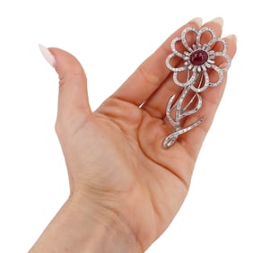 GIA Platinum Brooch with Burma no Heat Ruby and Diamonds