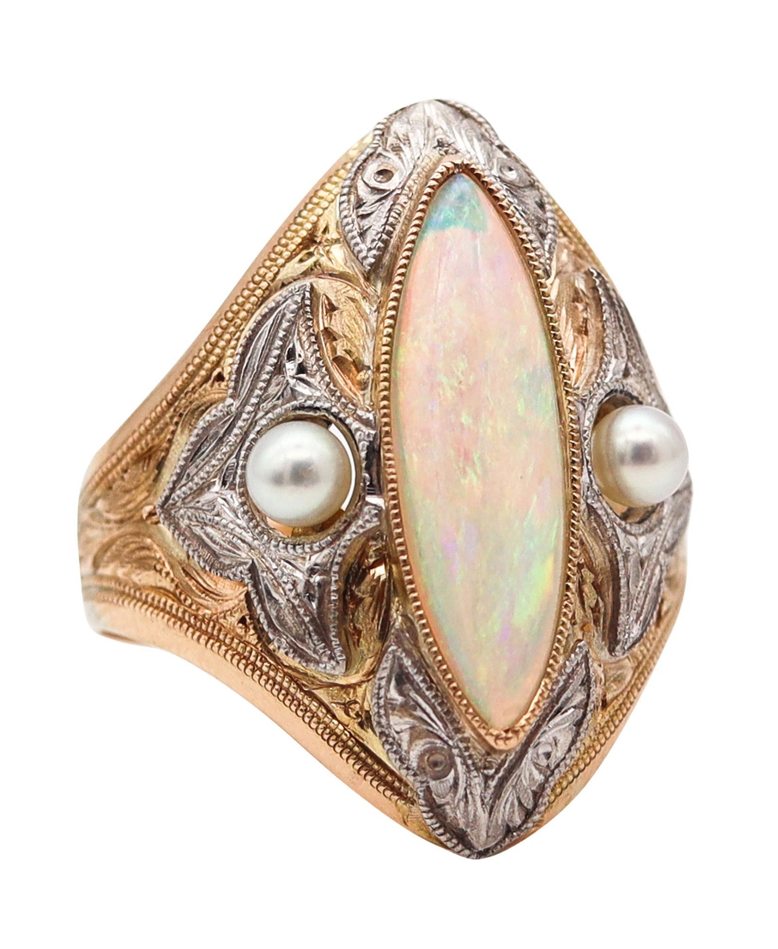 EDWARDIAN 1900 Cocktail Ring In 14Kt Gold Platinum With Opal & Natural Pearls (1 of 6)