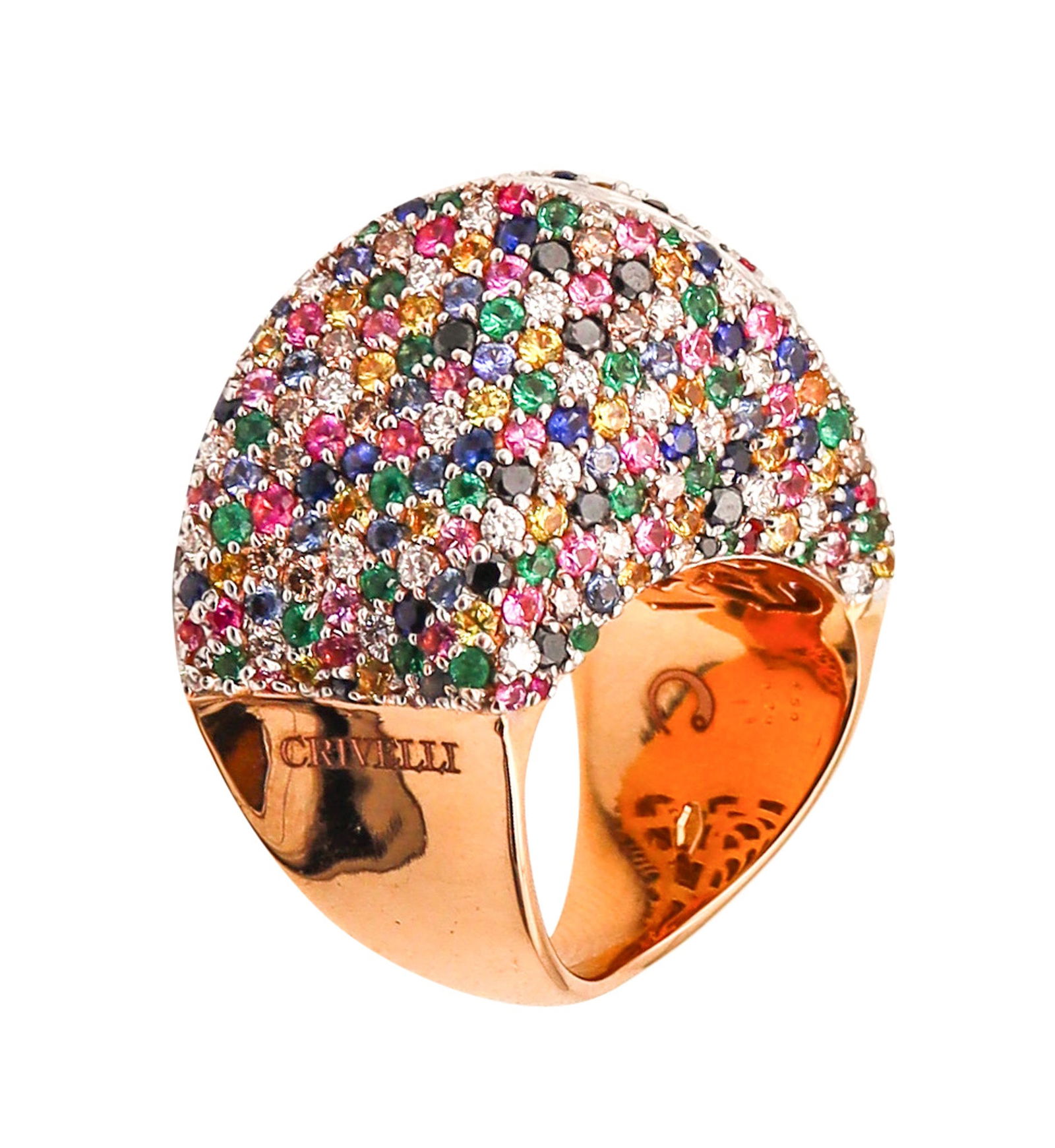 CRIVELLI GIOIELLI Cocktail Ring In 18Kt Gold With 6.88 Ctw In Diamonds & Gemstones: This magnificent cocktail ring, crafted in Italy by the renowned jewelry house Crivelli Gioielli, is a stunning display of vibrant color and masterful design. Fashioned in 18-karat yellow gold with a