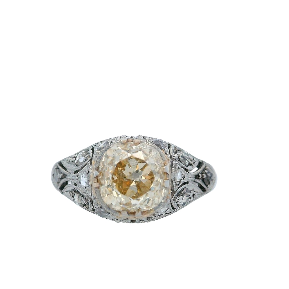 Art Deco filigree Platinum Ring with 1.94 Old mine yellow Diamond (1 of 8)