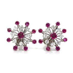 Retro 14K & Palladium Burma Ruby & Diamond Earrings