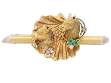 Antique 18kt yellow Gold Brooch with Micro Pearls and Demantoids