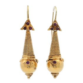 Etruscan Revival 18kt Gold Earrings with Rubies