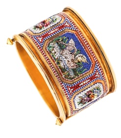 ROMAN REVIVAL 1880 Micro Mosaic Bangle Bracelet In Solid 19Kt Yellow Gold