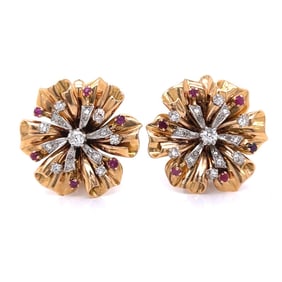 ROSSELLO Retro 18K Rose Gold Diamond & Ruby Flower Earrings