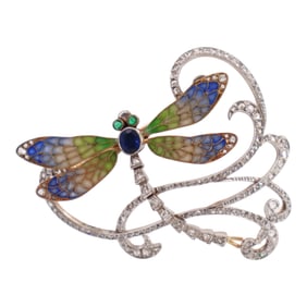 Art Nouveau Plique a Jour Enamel Dragonfly in 18kt Gold and Platinum with Diamonds, Sapphire and