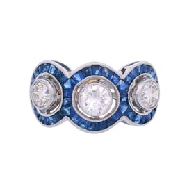 Art Deco style Platinum cocktail Ring with 2.57 CTW in Blue Sapphires and Diamonds