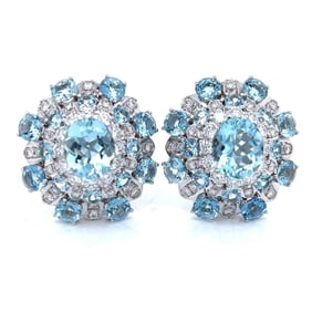 Mid-century 18K White Gold Aquamarine & Diamond Earrings