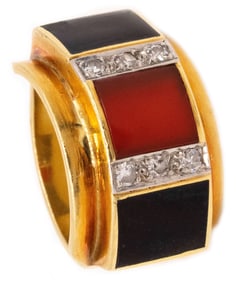 German Modernist Ring In 18Kt Gold With Diamonds Carnelian And Onyx