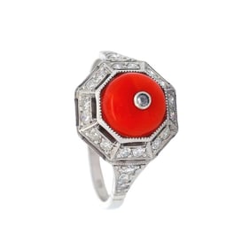Art deco Style Platinum Ring with Coral and Diamonds