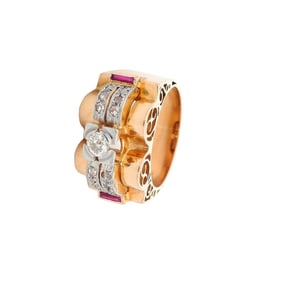 Art Deco Retro 18kt Gold and Platinum Ring with Diamonds and Rubies