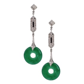 Art Deco Style Platinum hanging Earrings with Diamonds and Onyx