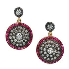 Antique 18kt Gold and Silver Drop Earrings with Diamonds and Rubies