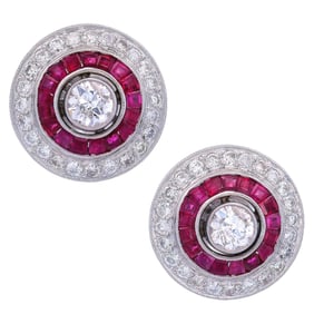 Art Deco Platinum studs Earrings with Diamonds and Rubies