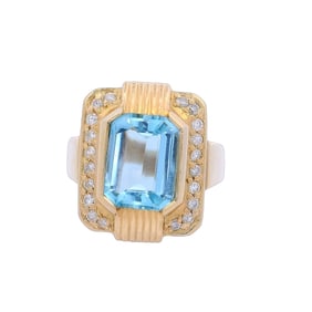 French Retro 18kt Gold Ring with Aquamarine and Diamonds