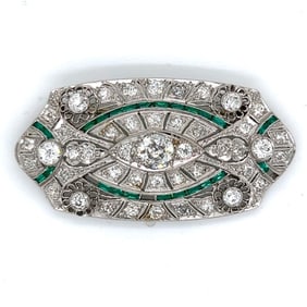 Art Deco Platinum Brooch/Pendant with 4.35 CTW in Diamonds and Emeralds