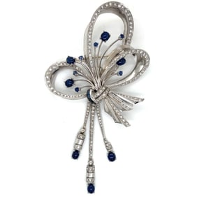 Retro 18K White Gold Diamond & Sapphire Pendant Brooch