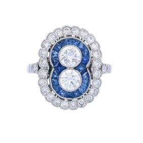 Art Deco style Platinum cocktail Ring with  CTW in Blue Sapphires and Diamonds