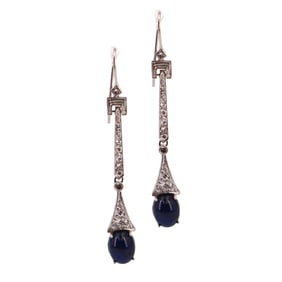 Art Deco style hanging Earrings in Platinum with Diamonds and Sapphires