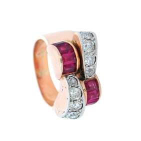 Art Deco Retro 18kt Gold and Platinum Ring with Diamonds and Rubies