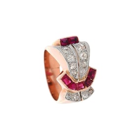 Art Deco Retro 18kt Gold and Platinum Ring with Diamonds and Rubies