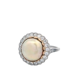Halo Platinum and 18kt Gold Ring with Natural Pearl and Diamonds
