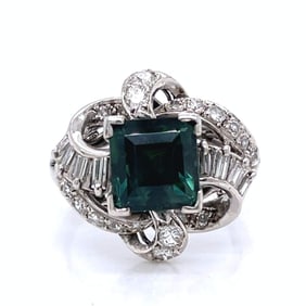 18K White Gold NGI Certified Green Sapphire & Diamond Ring